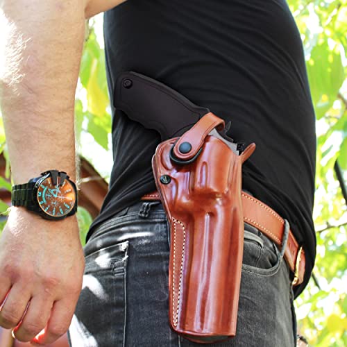Premium Leather Three Slots Belt Holster With Retention Strap Fits Taurus Raging Hunter 44 Mag/ 454 Casull 5.12" Bbl, Right Hand Draw, Brown Color #1575# #TOP2