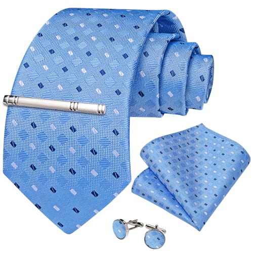 Image of DiBanGu Plaid Ties for Men Silk Checkered Necktie and Pocket Square Cufflinks Tie Clip Set with Gift Box for Wedding Business