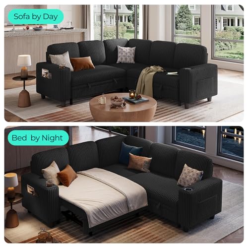 Image of LINSY HOME Sectional Sleeper Sofa Pull Out Couches for Living Room (Black, Sleeper Sofa 2) | Pull Out Sofa Bed, Storage, USB Charging, Cup Holders, Plush Corduroy