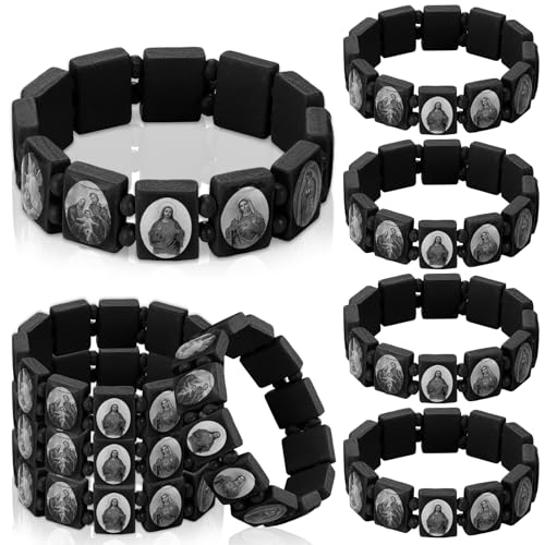 12 Pcs Devotional Catholic Religious Wood Stretch Bracelets Wooden Jesus Virgin Mary Bracelets with Images of Christian Saints Rosary Religious Saints Jesus Gift for Women Men