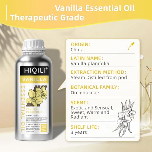 Image of HIQILI Vanilla Essential Oil Bulk, Strong Scent for Candle Soap Making | Fragrance for Diffuser, Perfume, SPA, Making Spray, Skin Care, Add to Shampoo, Body Lotion - 1000 mL / 32 fl oz