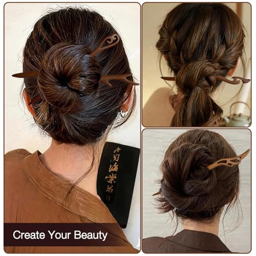 ELLOPH 10 Pcs Chinese Wooden Hair Sticks for Women, Vintage Handcarved Hair Pins for Buns, Natural Wood Chinese Style Hair Accessories for Daily & Wedding Party