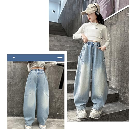 Girls Wide Leg Baggy Jeans Hip Hop High Elastic Waist Denim Pants Teen Streetwear Distressed Washed Loose Trousers2