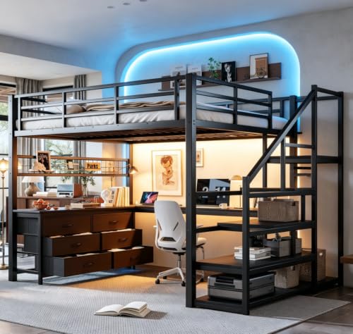 Image of Bellemave Queen loft Bed with Storage Stairs, Wardrobe, Shelves, Metal Queen Loft Bed Frame for Adults, Kids, Teens, Black
