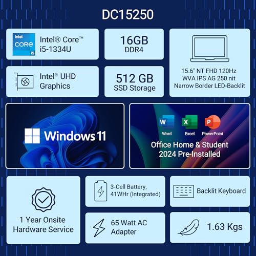 Image of Dell DC15250, 15.6 inch (39.62 cm) FHD Laptop with Intel Core i5-1334U, 16GB RAM, 512GB SSD, 120Hz, 250 Nits Display, Wi-Fi 6, Windows 11 Home, MSO 11-Sleek, Fast & Reliable for Work, Study & Everyday Use