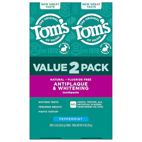 Tom's of Maine Fluoride-Free Antiplaque & Whitening Natural Toothpaste, Peppermint, 5.5 oz. (Pack of...
