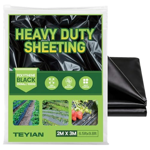 TEYIAN 2 x 3M Heavy Duty Polythene Plastic Sheeting Thickened Plastic Dust Sheets Garden Grow Polythene Cover Sheets Dustproof Waterproof - Black