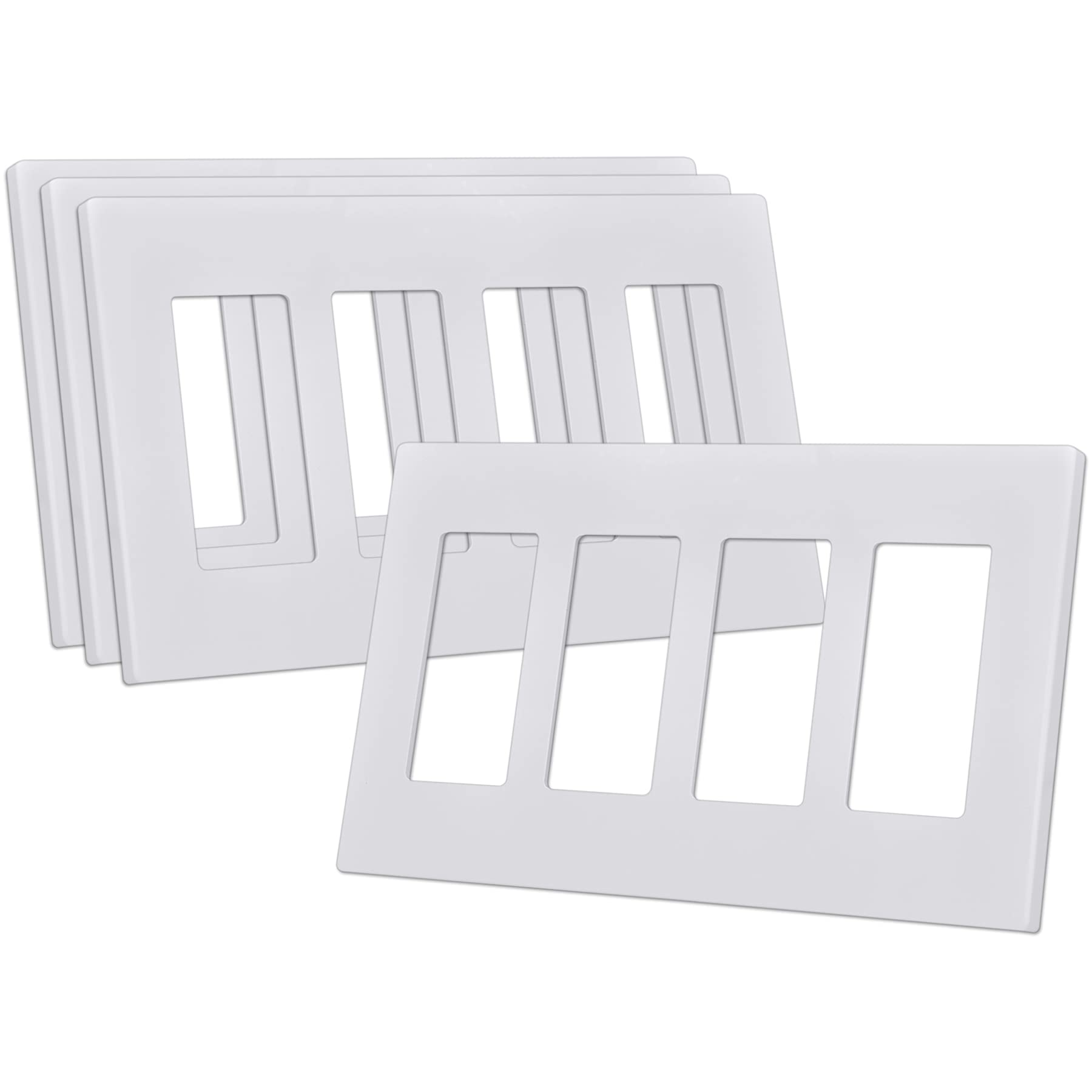 Photo 1 of CML 4-Gang Screwless Decorator Wall Plate, White Outlet Covers, 4 Pack Hidden Wall Safe Switch Plate, Standard Size 4.68”X 8.34”, Impact Resistant
