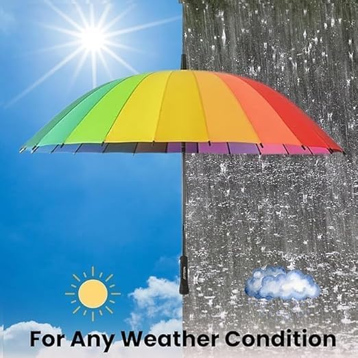 Image of Rainbow Color Big Size Umbrella for Rain & Sun | Windproof Waterproof UV Protection Long Handle Umbrella for Men & Women | Stylish Outdoor Travel Chhata for Barish & Summer