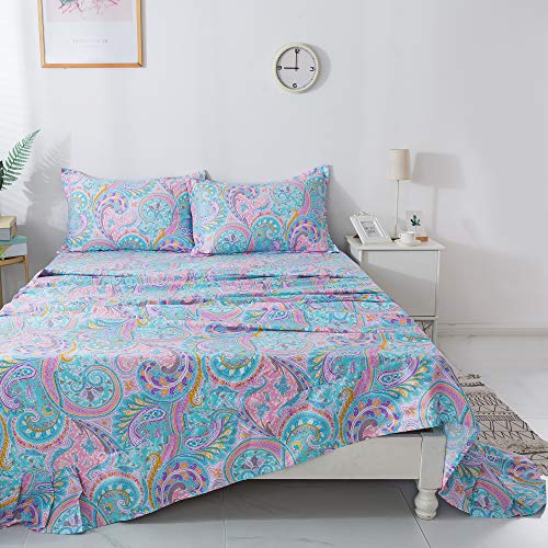 Softta Vintage Queen Size Boho Colorful Paisley 100% Cotton 4Pcs Girls Kids Western Bedding Sheets Sets 1 Paisley Pattern Flat Sheets 98'×102'+1 Pure Purple Fitted Sheets 60'×80'+16.5'+2 Pillowcase #TOP7