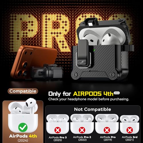 Image of Inesore for AirPods 4 Case with Secure Lock (Black) | Phone Stand Design,Compatible with MagSafe,Automatic Snap Switch Secure Cover Carbon Fiber Texture with Cleaner Kit