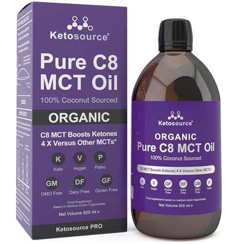 Organic Pure C8 MCT Oil | Boosts Ketones 4X Versus Other MCTs | Highest 99%+ Purity | 100% Coconut MCT Oil Organic | Keto Fasting Vegan & Gluten Safe | Premium Lab Tested Purity | 500ml Glass Bottle