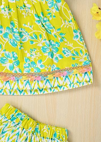 Image of Baby Girls Yellow Ethnic Clothing Set, Mirror Work Embroidered Frock with Zigzag Print Pants, Comfortable Cotton Outfit for Kids