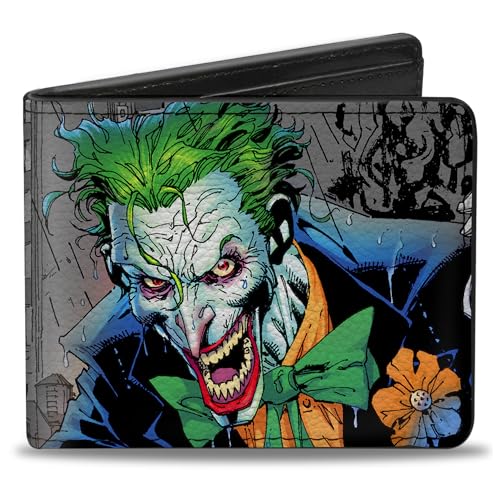 Buckle-Down Men's DC Comics Wallet, Bifold, Joker Smiling Gun Bang Alley Pose Close Up, Vegan Leather, 4.0