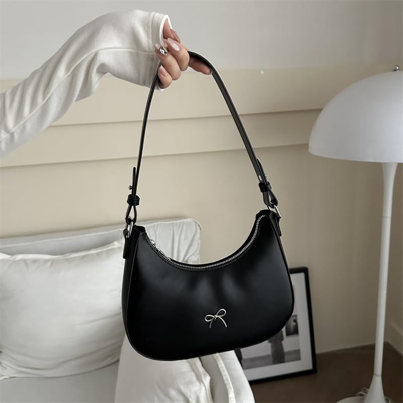 Women PU Underarm Bag with Zipper Bowknot Handbag Solid Color Leather Shoulder Bag Half Moon Bag for Vacation Travel Commuting2