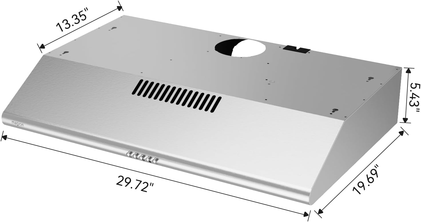 30inch Under Cabinet Range Hood Stainless Steel Vent Hood With 3 Speed Exhaust Fan, Ducted And Ductless Convertible, LED Bright Light Bulb and Charcoal Filter