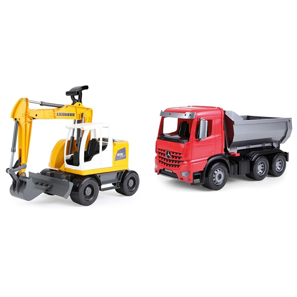 Lena 04611 - Worxx Schaufelbagger Modell Liebherr A918 Compact Litronic & 04610 - Worxx Muldenkipper Mercedes Benz Arocs, ca. 45 cm