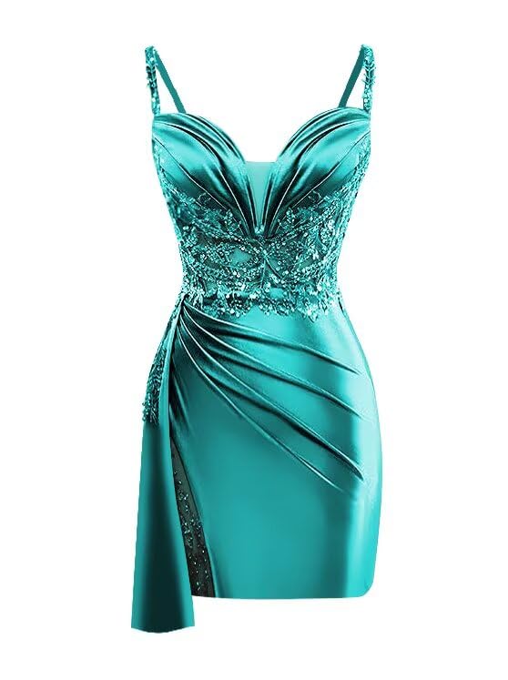 V Neck Satin Homecoming Dresses Mermaid Lace Short Porm Dress Pleated Bodycon Cocktail Dress with...