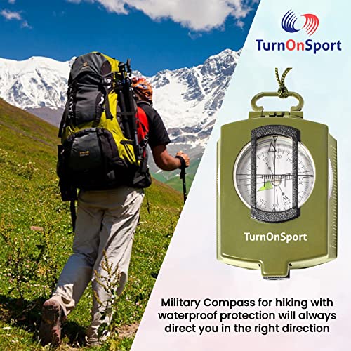 Lensatic Military Compass For Hiking - Tritium Compass Military Grade Style Camping Backpacking | Tactical Army Compass Survival Navigation | Turnonsport Waterproof Sighting Compass With Pouch (Green) #TOP6