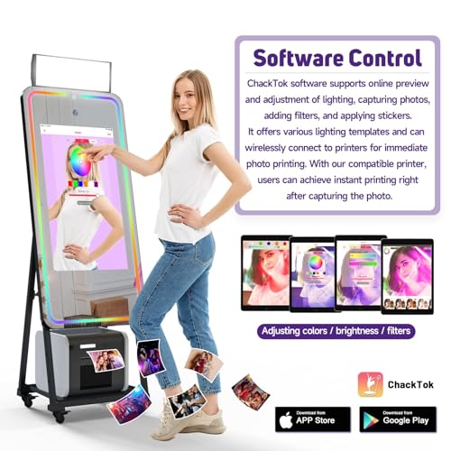 Ficha técnica Cabina de fotos portátil con espejo para cámara Canon soporte para selfie pantalla táctil con anillo de luz RGB y funda de vuelo para fiestas de eventos alquiler de bodas 32 pulgadas - Fernando Cortés