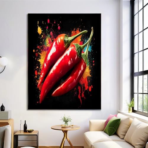 ZISTRCBAO Impressions Sur Toile Poivron Rouge, Graffitis À L'Aquarelle Fantastique Image Tableau Decoration Murale 50×70 cm Deco Salon Chambre Cuisine Rouge Tableaux...