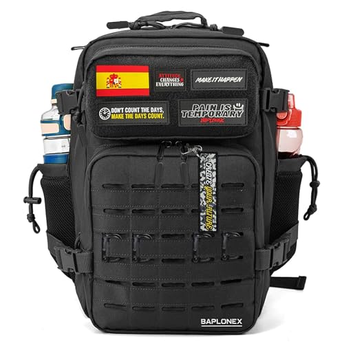 BAPLONEX®️ Mochila Táctica 45L Militar para Cross Training y Gimnasio con Bolsillos Laterales + Parches Mochila Militar + Accesorios Tácticos y Llavero | Mochila Entrenamiento y Supervivencia