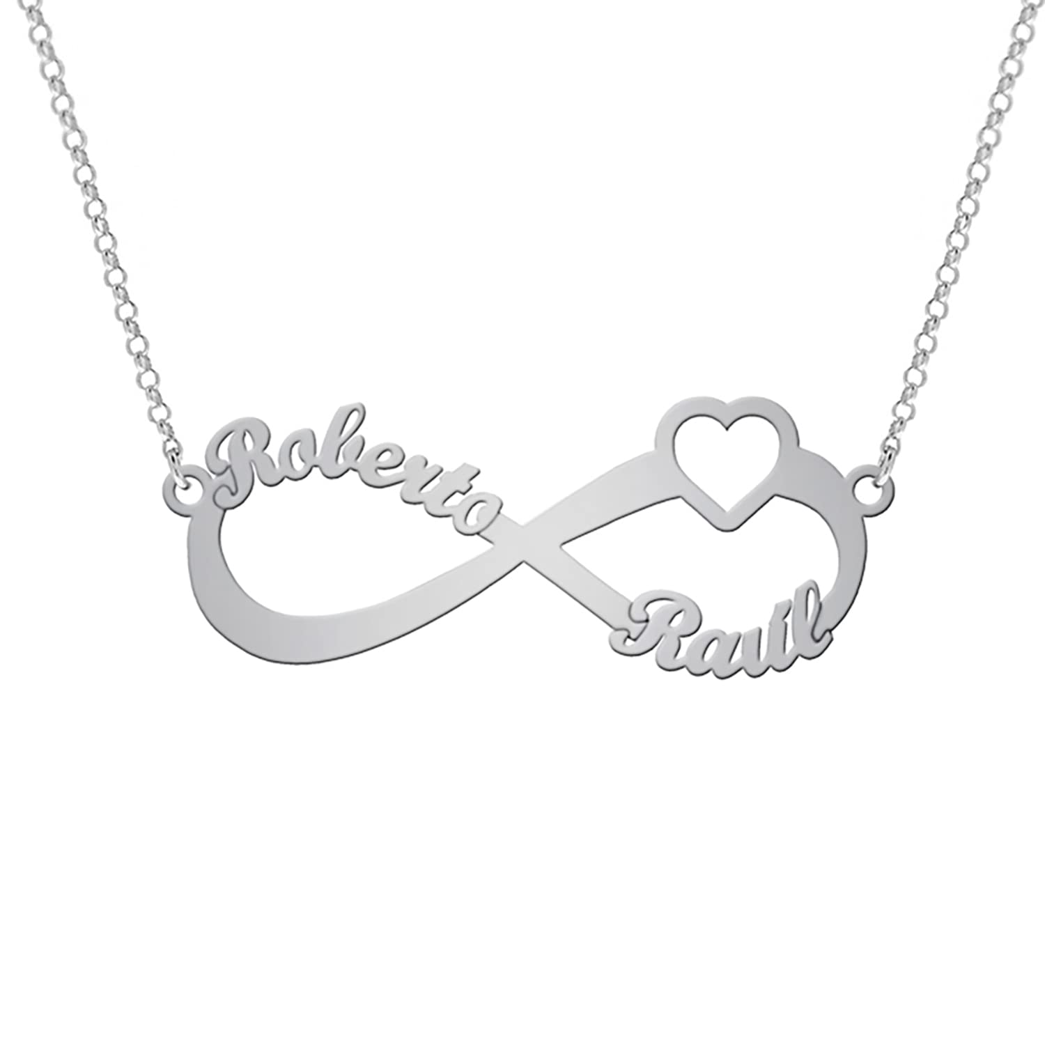 Collar Infinito Plata Personalizado con Corazón - Hasta 3 Nombres - Colgante con Cadena - Regalo para Mamá, Hijos o Pareja - Plata de Ley/Chapado en Oro - Mi Joya Personalizada (plata,2 Nombres)