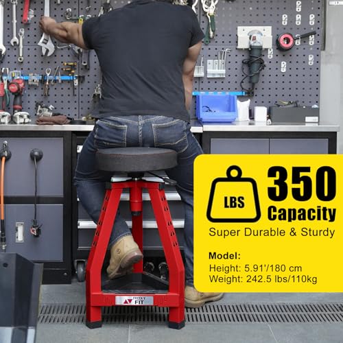 Image of Adjustable Tall Shop Stool, Mechanic Garage Bar Stool Chair, Work Metal Chair for Workshop,360 Swivel Padded Seat, Tool Tray Storage, 350 LBS Capacity, Heavy Duty, Red