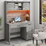 Vabches Farmhouse 47' Executive Desk, Computer Desk with 2 Drawers, LED Light and Storage Cabinet, Home Office Desk with Hutch, Charging Hub, Workstation for Home Office and Study(Grey