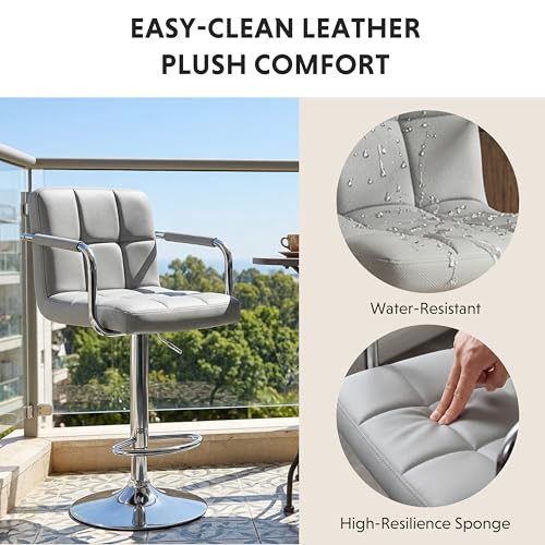 Image of HealSmart Bar Stools Set of 2, Adjustable Swivel Bar Chairs with Cushioned Armrests & Ergonomic Backrest, Water-Resistant PU Leather for Kitchen Island Counter Pub Dining Room, Grey