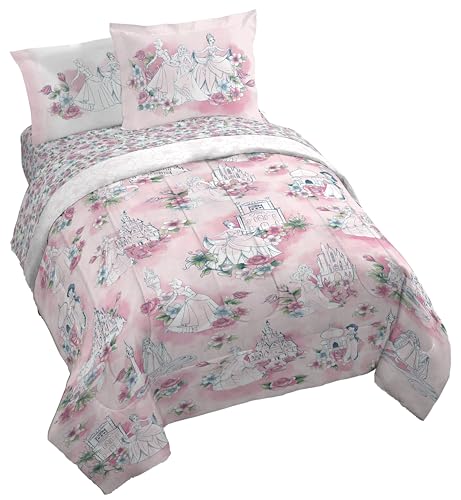 Image of Disney Princess King Comforter Set 7 Piece Floral Bedding for Girls, Pink | Cinderella Rapunzel Belle, Comforter Sheets Shams Pillowcases, Official Product, Microfiber, Machine Washable, Girls Gift