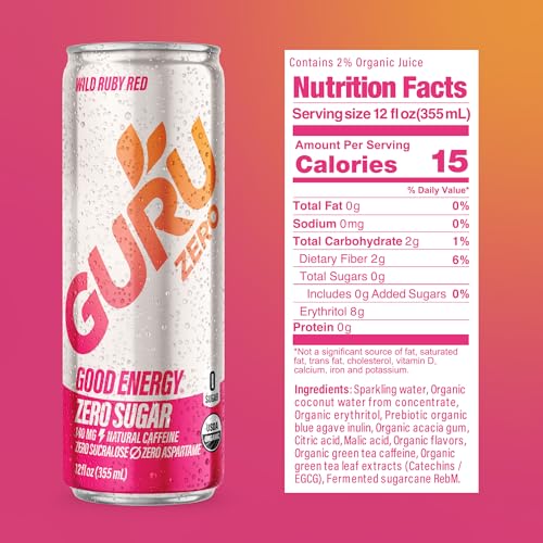 Image of GURU Zero Sugar Energy Drink, Ruby Red Organic Sparkling Energy Drink with 140 MG Natural Caffeine & Coconut Water for Workouts, Performance & Midday Boost, Gluten Free, Vegan, 12 Fl Oz, 24 Pack