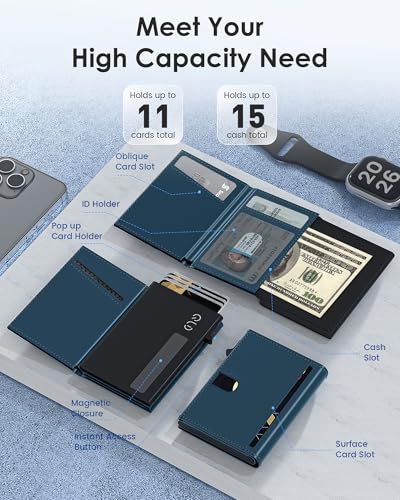 Image of QLD RFID Wallet for Men - Smart Pop up Card Holder - Trifold, Slim, Minimalist Wallet for Front Pocket, 9-11 Cards Capacity | ID Window | Cash Slot | Magnetic Closure