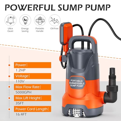 Image of Sump Pump with Float Switch Submersible Water Pump Automatic 1.2HP 5000GPH Portable Dirty Clean Water Transfer Pump for Pool Draining Hot Tub Basement