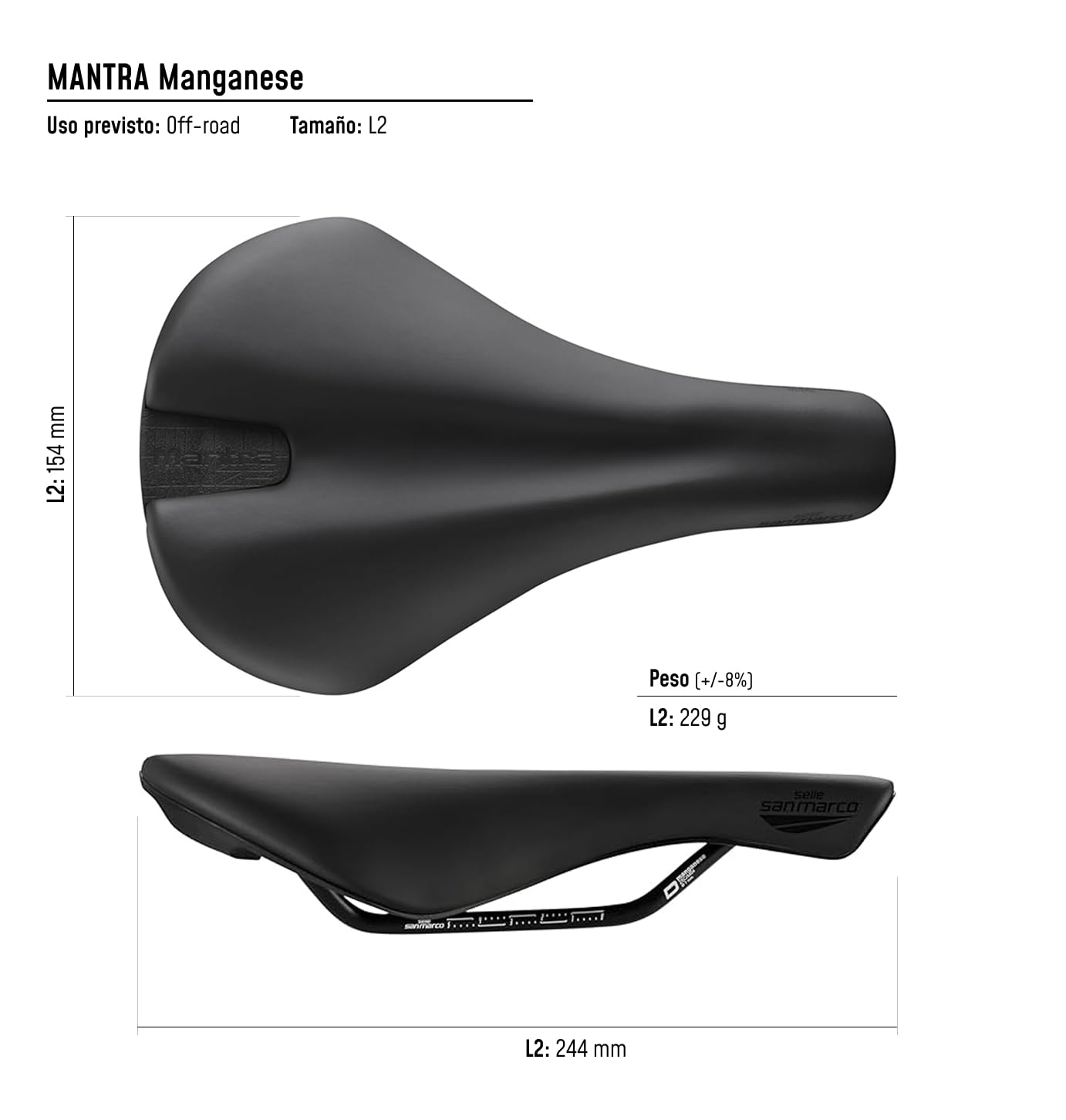 Selle San Marco Mantra Manganese - Sillín Bicicleta Off-Road, Trail, Cross Country, Agujero Anatómico, Funda Protectora, Rail Manganeso - Negro, L2