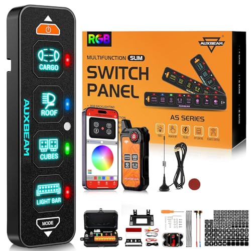 Auxbeam 4 Gang Slim Switch Panel Bluetooth RGB AS-400 with APP&Wireless Remote Control Toggle Momentary Pulsed Dimmable Switch Pod for Offroad Truck Waterproof,2-Year Warranty (Patent Regist