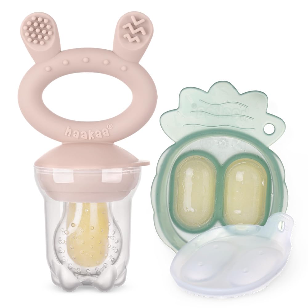 haakaa Mini Kit Freeze and Feed per Frutta e Alimenti+Vassoio Mini Freezer, Stampi per Ghiaccioli al Latte Materno per Dare Sollievo al Bambino, Alimentatore in Silicone /4+ Mesi (BLUSH)