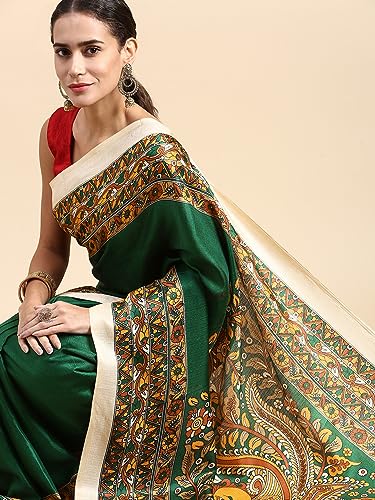 Image of RANI SAAHIBA Women's Art Silk Kalamkari Saree With Blouse Piece