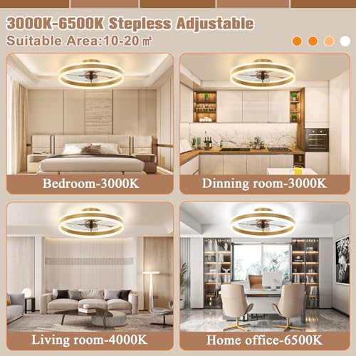 Image of VOLISUN Low Profile Ceiling Fans with Lights and Remote, 19.7in Flush Mount Ceiling Fans with Light, 3000K-6500K Dimmable Fandelier LED Fan Light, Gold Bladeless Ceiling Fans with Lights for Bedroom