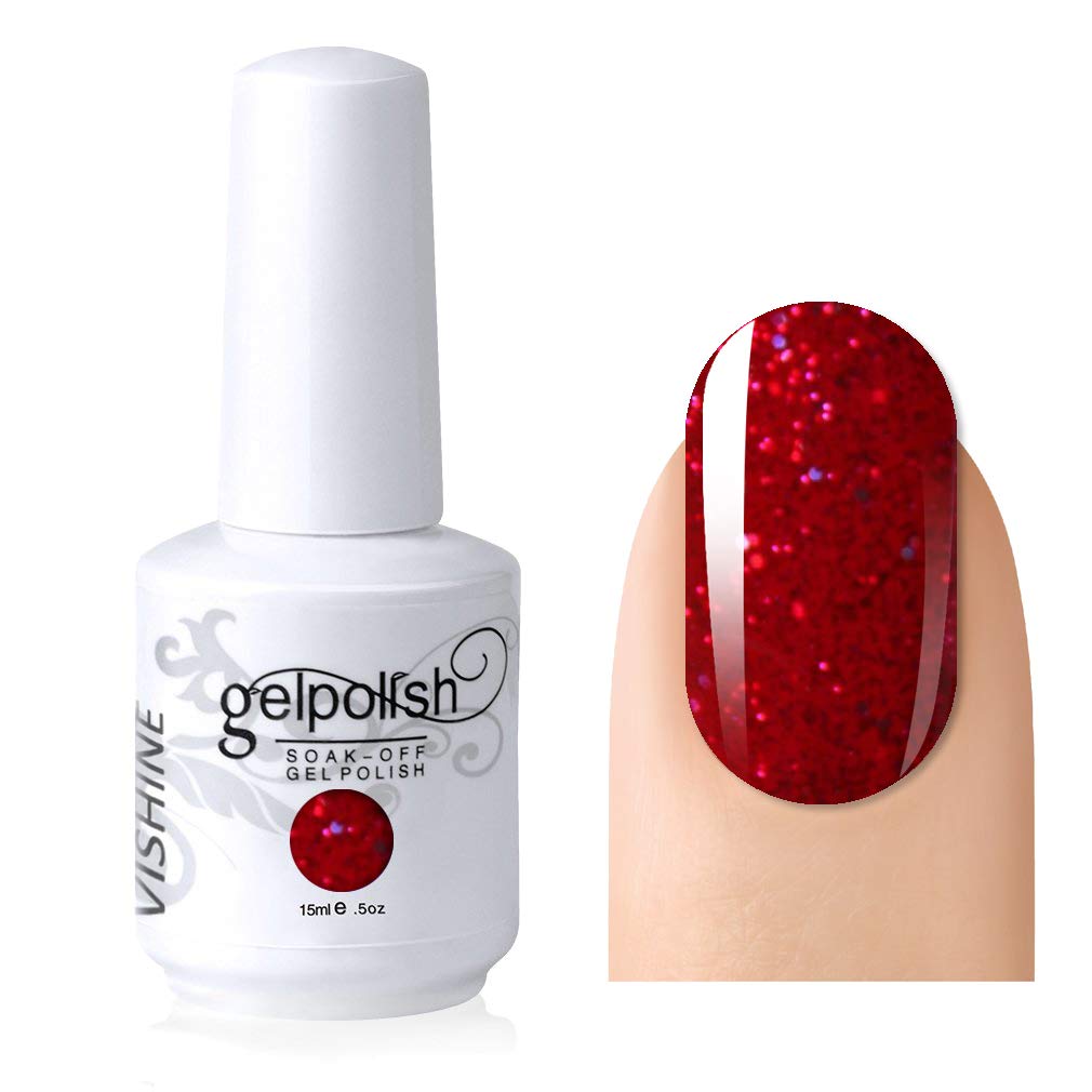 VishineGelpolish Lacquer Shiny Color Soak Off UV LED Gel Nail Polish Professional Manicure Glitter Red(1550)