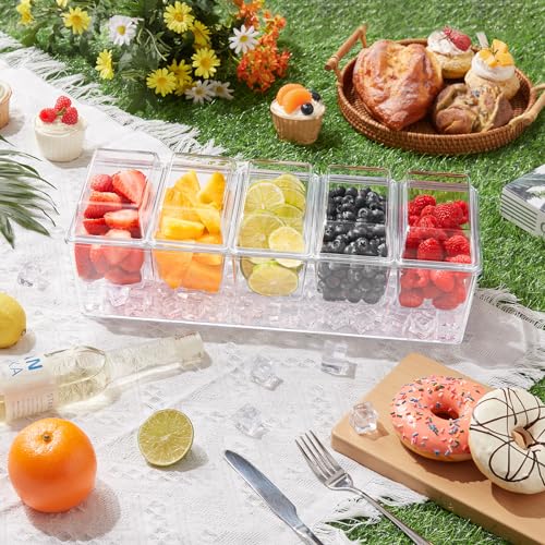 Lifewit Ice Chilled Condiment Caddy with 5x 20oz(2.5 cup) Containers, 15.3" Condiment Server with Separate Lids, Serving Tray Platter with Removable Dishes for Bar, Fruit, Salad, Taco, Party Garnish - Image 3