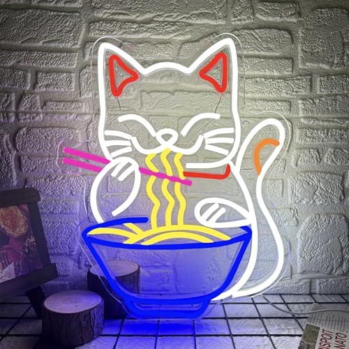 Fortune Cat Ramen Neon Sign Dimmable Japanese Lucky Cat Noodle LED Neon Sign for Wall Decor USB Powered for Restaurant Bar Party Bedroom Birthday Gifts(15.7 * 12.7in)