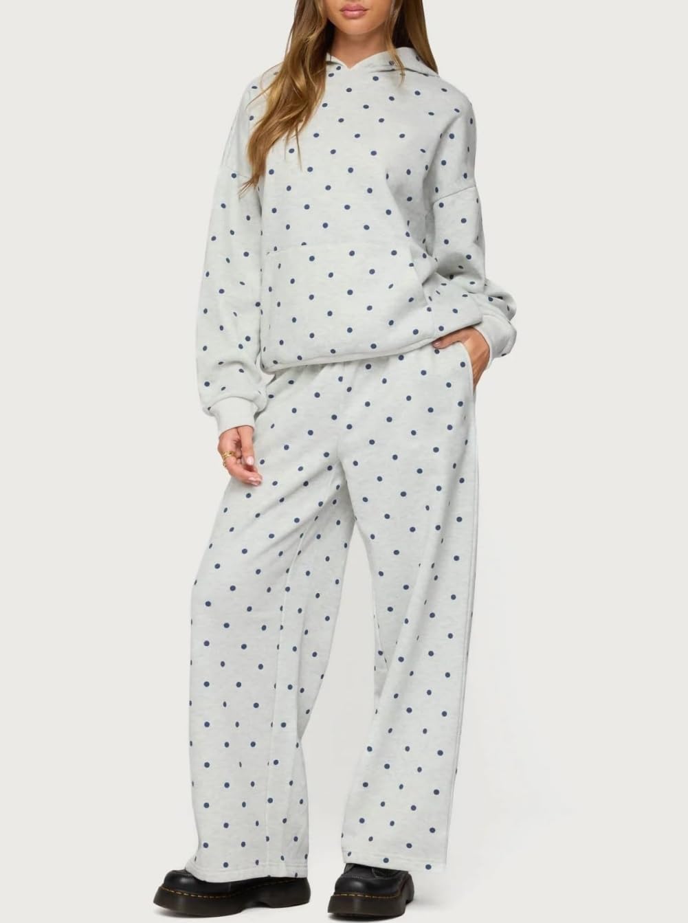 Zestaw dresowy w kropki dla kobiet, dwuczęściowy, dres oversize, bluza z kapturem, spodnie dresowe, zestaw dla nastolatki