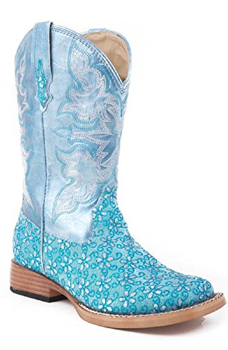 Roper Girls Kids Childs Bling Turquoise Blue Glitter Floral Cowboy Cowgirl Boots (Size 11)