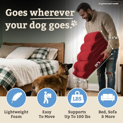 Image of Snoozer Scalloped Dog Ramp, 17.5 inch Tall Foam Pet Stairs, 4 Steps, Red