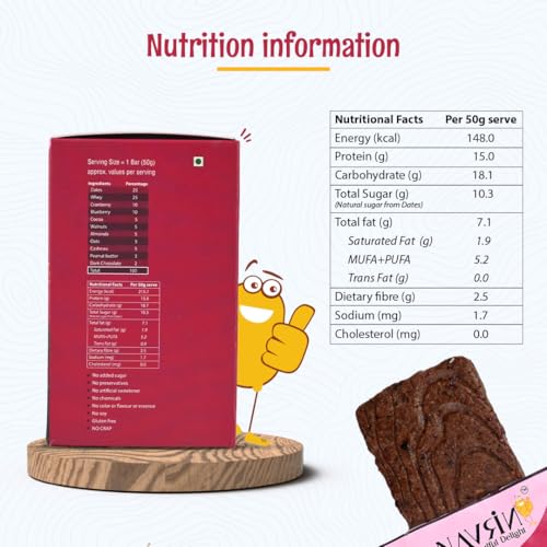 Image of ANAVRIN Choco Berry Blast Protein Bar - 15g Protein, 2.5g Fibre in each Bar (6 Bars x 50gm) Goodness of Dates, No Added Sugar, No Soy, No Preservatives, Gluten Free High Protein Energy Bar, Healthy Snack