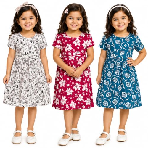Image of Kids 3 Combo Cotton Frock for Girls | Multicolour Knitted Summer Dress | Below Knee Baby Girl Dress with Round Neck & Cup Sleeves (Random Colours)