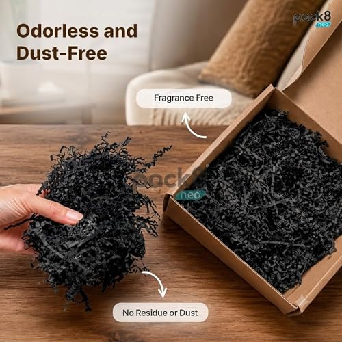Image of Pack8neo Shredded Paper Cutting For Giftpacking, Hampers, Gift Baskets & Boxes, 5kg | Sustainable grass paper, Crinkle Cut filler, Gift Packaging Protection & Recyclable decoration material, Black