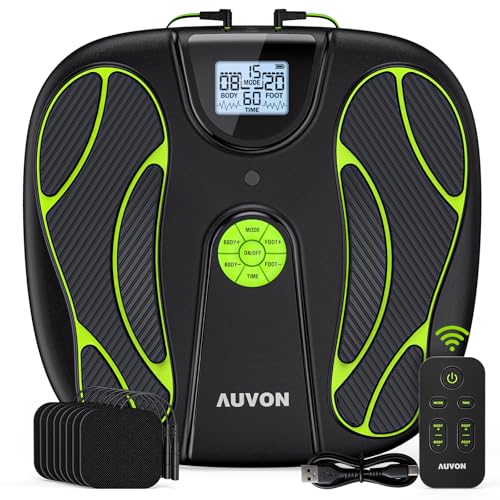 AUVON Durchblutungs-Stimulator Füße Beine Körper mit TENS EMS 15 Modi & 50 Intensitätsstufen & 40h Akkulaufzeit EMS Fußmassagegerät für medikamentenfreie Entlastung 8 TENS-Pads Fernbedienung