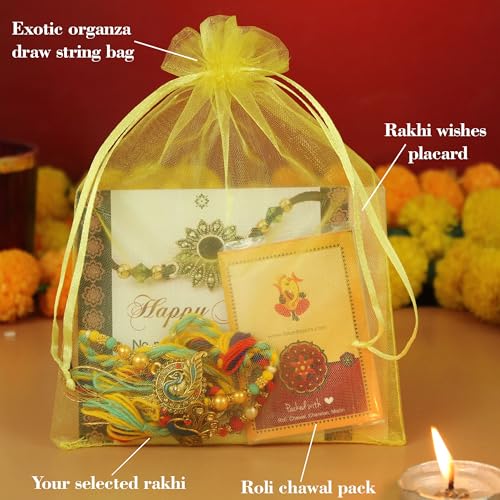 Image of TIED RIBBONS Rakhi for Brother - Set of 2 Premium Rudraksha Trishul Bracelet Rakhi for Brother Bhaiya Kids Boys Men with Greeting Card and Roil Chawal Tika